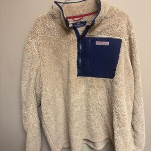 Vineyard Vines Men's Beige and Navy Zip-Up Sweater